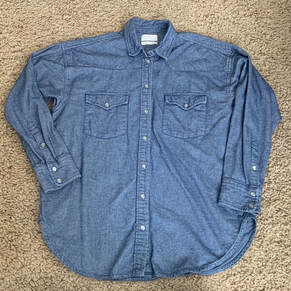 J.Crew Pearl snap shirt women’s size 8 M indigo blue flannel western Shacket